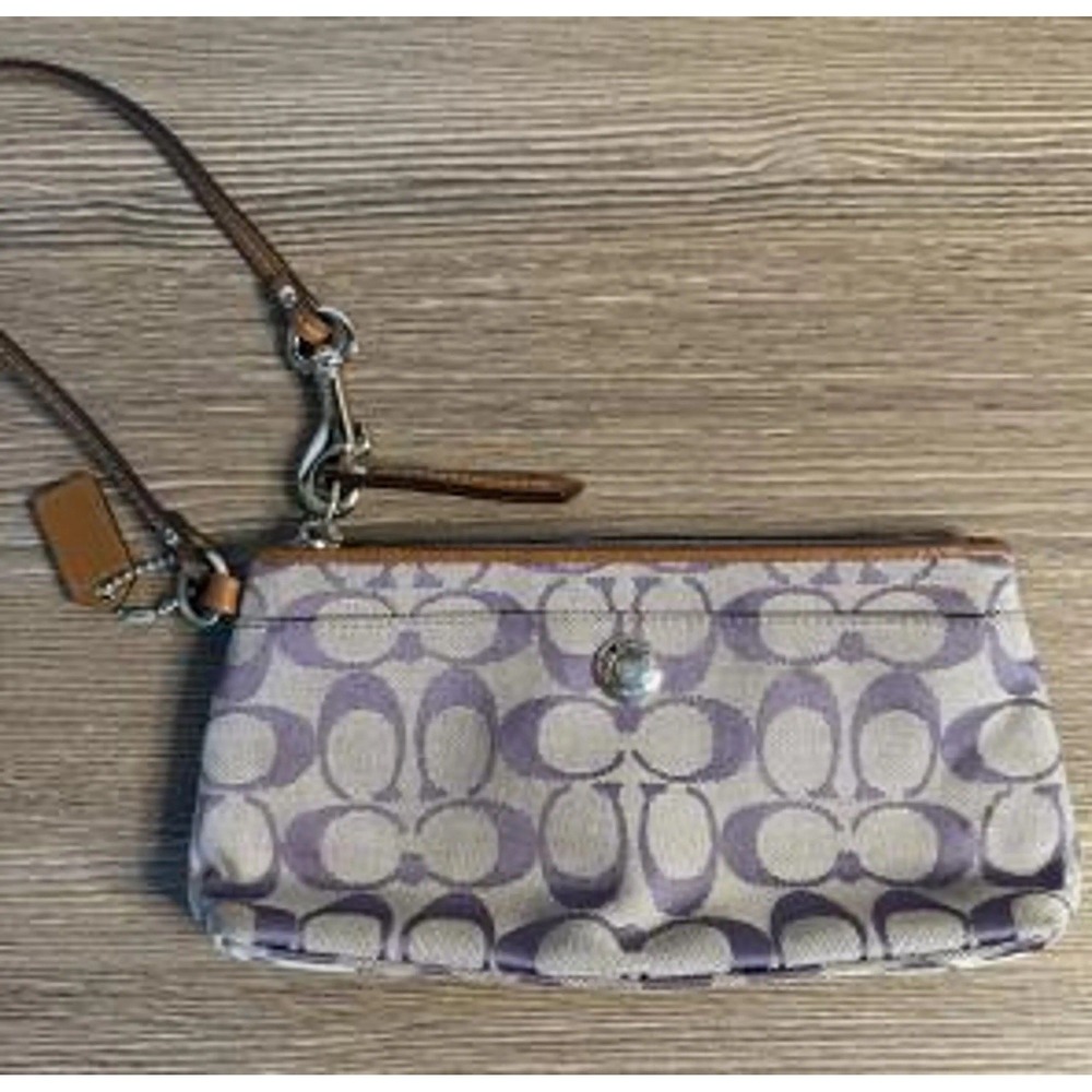 Coach Purple Signature Jacquard Wristlet Tan Leather Trim Silver Hardware